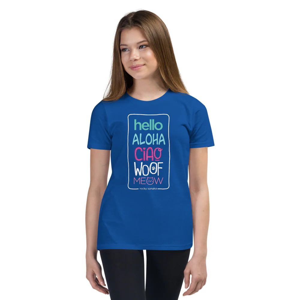 Hello Aloha Ciao Woof Meow Short Sleeve T-Shirt for Kids - Image 4