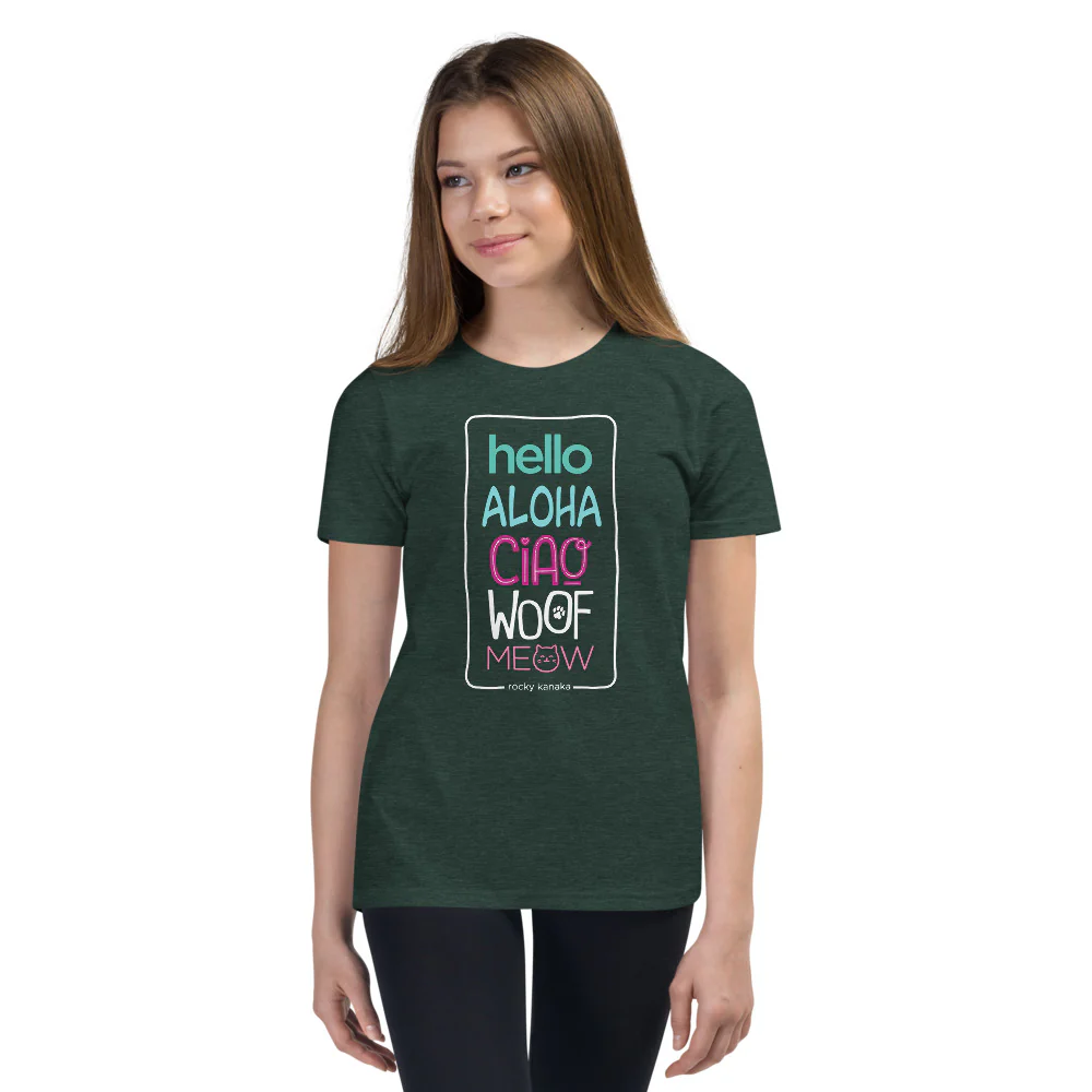 Hello Aloha Ciao Woof Meow Short Sleeve T-Shirt for Kids - Image 5