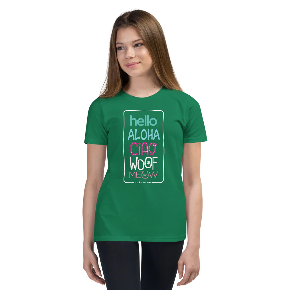 Hello Aloha Ciao Woof Meow Short Sleeve T-Shirt for Kids - Image 6